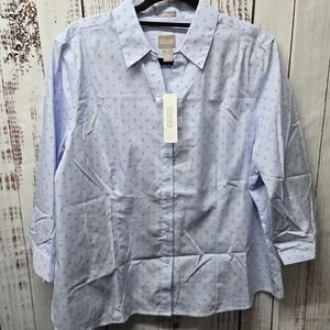 Chicos Womens Button Down 3/4 Sleeve Tonal Dots Shirt Blue Size 3 / XL NEW